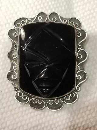 Vintage Huge Mexican Carved Black Onyx And Sterling Silver Deity Face Brooch/pin