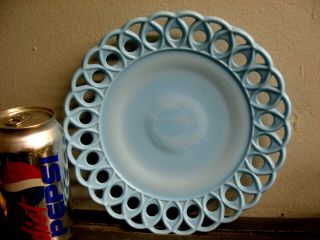 Vintage Opaque Blue Milk Glass Open Lattice Glass Plate 8.  25 " Scalloped Rim