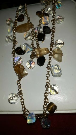 Vintage Gold Tone Chain Aurora Borealis Crystals Brown Stones 2 Strand Necklace