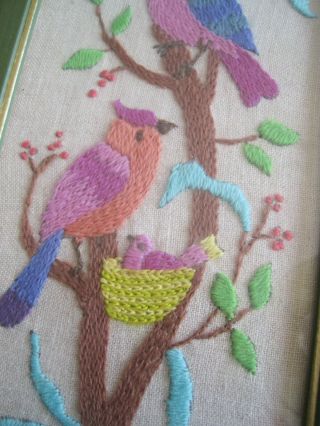 VTG 1970’s FINISHED/FRAMED Crewel Embroidery - BIRDS IN TREES/FLOWERS 2