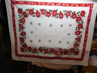 Vintage Pretty Red Poinsettia Christmas Tablecloth 52 " X 64 "