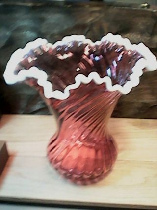 Vintage Stunning Fenton Cranberry Glass 9 " Tall Vase With Milk Glass Ruffled.
