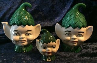3 Vintage Elf Pixie Head Pottery Ceramic 2 W/ Leaf Hat 1 Shaker Sugar & Creamer