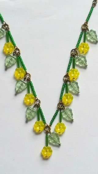 Czech Canary Yellow Flower Glass Bead Necklace Vintage Deco Style