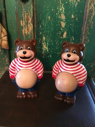 Two (2) Vintage Pot Belly Expandable Tummy Bear Coin Bank - 1970’s