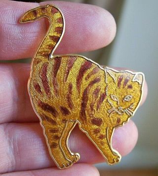 Vintage Signed Jewelery Cloisonne Enamel Tiger Tabby Kitty Cat Animal Brooch Pin