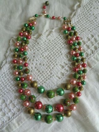 Vintage 3 Strand Red,  Pink,  Green Bead Necklace Signed Japan