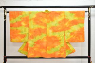 Vintage Silk Kimono Jacket:unique Orange/yellow Green Flowing@yg63