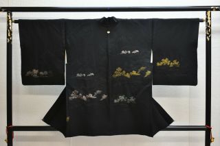 Vintage Silk Kimono Jacket:gold&silver Lake Shore Landscape@yg68