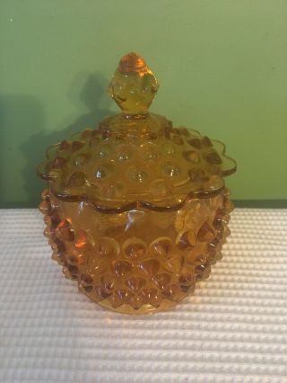Vintage Amber Glass Fenton Hobnail Candy Dish / Trinket / Rose Bowl W/ Lid