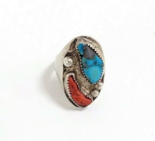 Vintage Sterling Silver 925 Turquoise & Coral Ring Size 8.  75,  Jewelry Da226