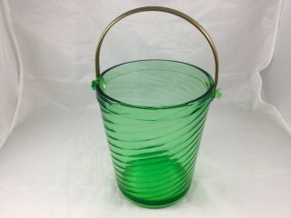 Vintage Green Swirl Depression Glass Ice Bucket With Metal Handle