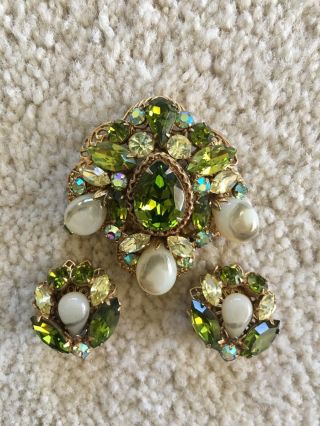 Vintage Haskell Style Rhinestone Green Art Glass Pin Earrings Brooch Aurora