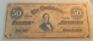 Vintage Confederate States America Fifty Dollars Richmond Feb.  17,  1864 No.  72104