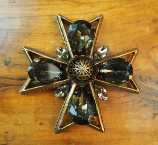 Vintage Pin Large Maltese Cross Brooch Heavy Rhinestones Gold Toned 100 Gm