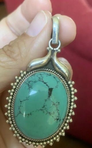 Vintage Sterling Silver Turquoise Large Oval Pendant For Necklace