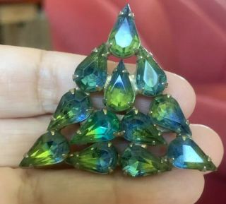 Marvelous Vtg Juliana Style Blue Green Givre Glass Rhinestone Pyramid Brooch Pin