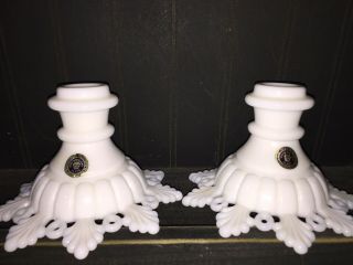 Pair Vintage Westmoreland Milk Glass Ring And Petal Candlesticks Candle Holders