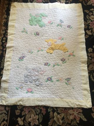 Vintage Baby Quilt W Lambs And Flowers 48” X 35”