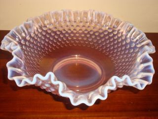Vintage Fenton Pink Opalescent Hobnail Ruffled Bowl W/white Rim - 11 - 1/2 "
