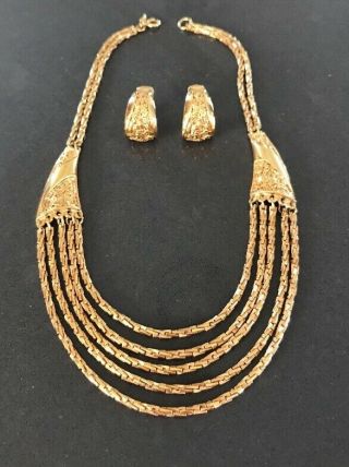 Vintage Crown Trifari Necklace & Earring Set Gold - Tone Multi - Strand
