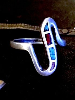 Vintage Zuni 925 Sterling Silver Turquoise Coral Inlay Wavy Band Ring Size 5,  2g