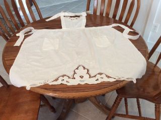 Vintage Battenburg Lace Style White Cotton Bib Apron With Embroidery