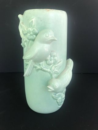 Red Wing Vintage American Art Pottery Vase - Matte Green - Bird Relief - 9.  75 "