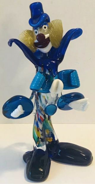 Vintage Murano Art Glass Clown Figurine 9” Tall With Large Blue Collar & Bow