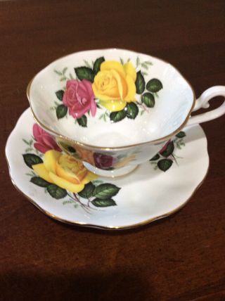 Vintage Royal Albert Wide Mouth Pink And Yellow Roses Tea Cup And Saucer Set