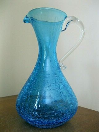 Blenko Crackle Glass Pitcher Blue Vintage 7.  5 " Decanter Pitcher