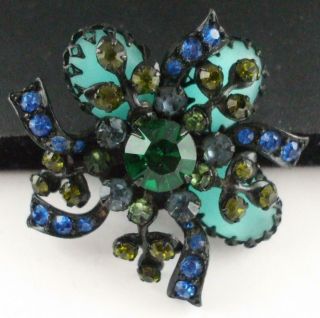 Pretty Vintage Green & Blue Rhinestone Flower Pin Brooch W/black Enamel Finish