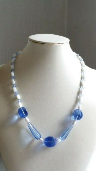 Czech Vintage Art Deco Blue And White Glass Bead Necklace Signed
