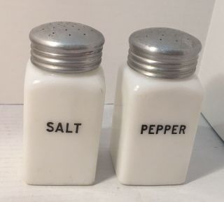 Vintage Milk Glass Salt & Pepper Stove Top Large Shakers Black Letters