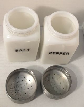 Vintage Milk Glass Salt & Pepper Stove Top Large Shakers Black Letters 2