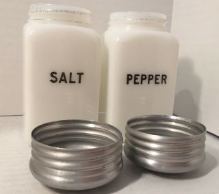 Vintage Milk Glass Salt & Pepper Stove Top Large Shakers Black Letters 3