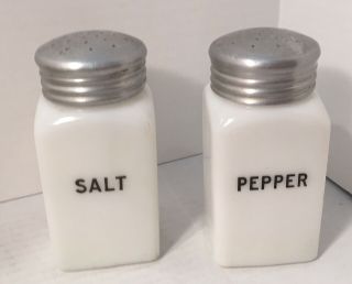 Vintage Milk Glass Salt & Pepper Stove Top Large Shakers Black Letters 4