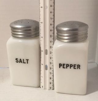 Vintage Milk Glass Salt & Pepper Stove Top Large Shakers Black Letters 5
