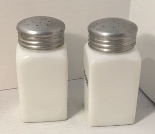 Vintage Milk Glass Salt & Pepper Stove Top Large Shakers Black Letters 6