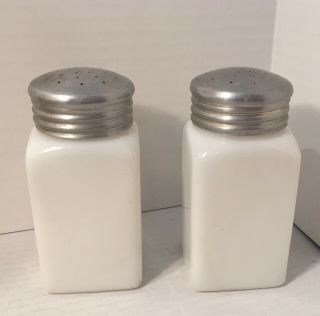 Vintage Milk Glass Salt & Pepper Stove Top Large Shakers Black Letters 7