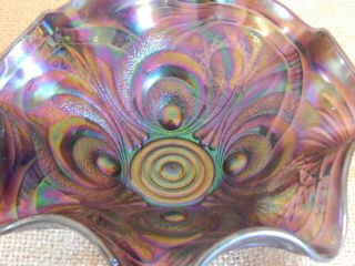 Vintage Carnival Glass Bowl Elect Purple Embossed Scroll Hobstar Tassle Imperial