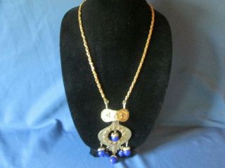 Chunky Vintage Gold - Tone Metal Blue Bead Etruscan Style Pendant Necklace