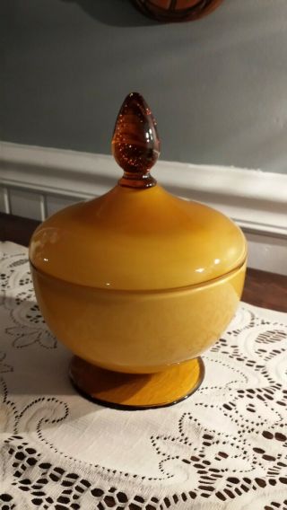 Vintage MCM Cased Glass Candy/Apothecary Jar w/ Lid Amber Caramel Murano? 3