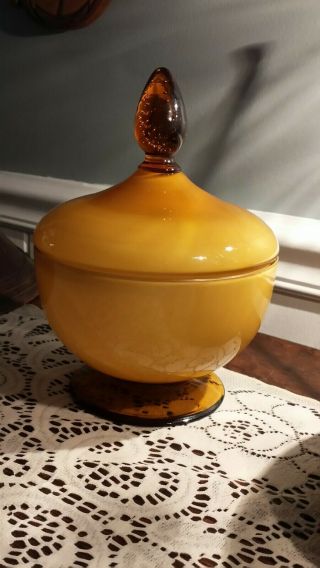 Vintage MCM Cased Glass Candy/Apothecary Jar w/ Lid Amber Caramel Murano? 4