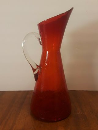 Pilgrim " Crackle Glass " Pitcher/vase 51 - R Ruby Red 11.  5 " Mcm Vintage 1950 