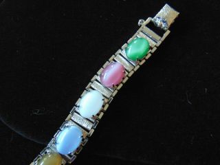 Vintage signed Sarah Coventry Moon Glow Pastel Cabochon Bracelet with safety cha 2