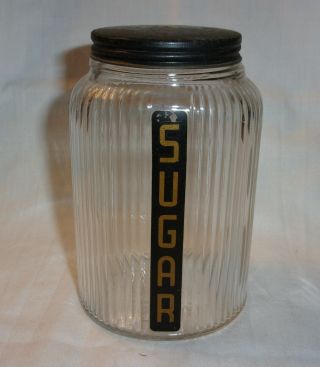Vintage Hoosier Glass Jar Ribbed With Black Metal Lid " Sugar " 5 1/4 "