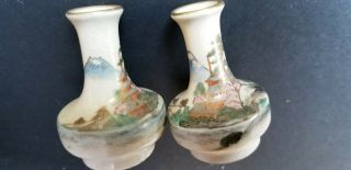 VINTAGE HAND PAINTED JAPANESE TALL VASES ON BLK EBONY CARVED STANDS 2
