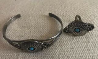 Vintage Marked Sterling Silver Turquoise Cuff Bracelet & Ring