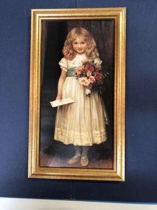 Smiling Girl With Flowers 8 X 14.  5 " Wall Picture Frame Vintage Gold Color Art